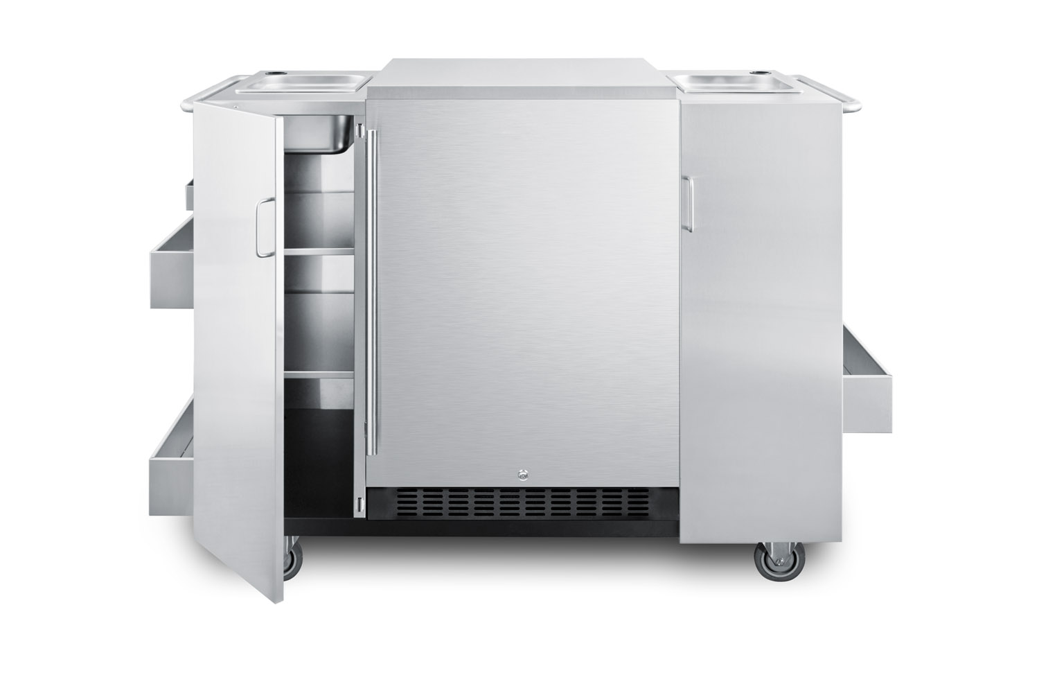 Stainless steel serving cart with SPR627OS outdoor refrigerator